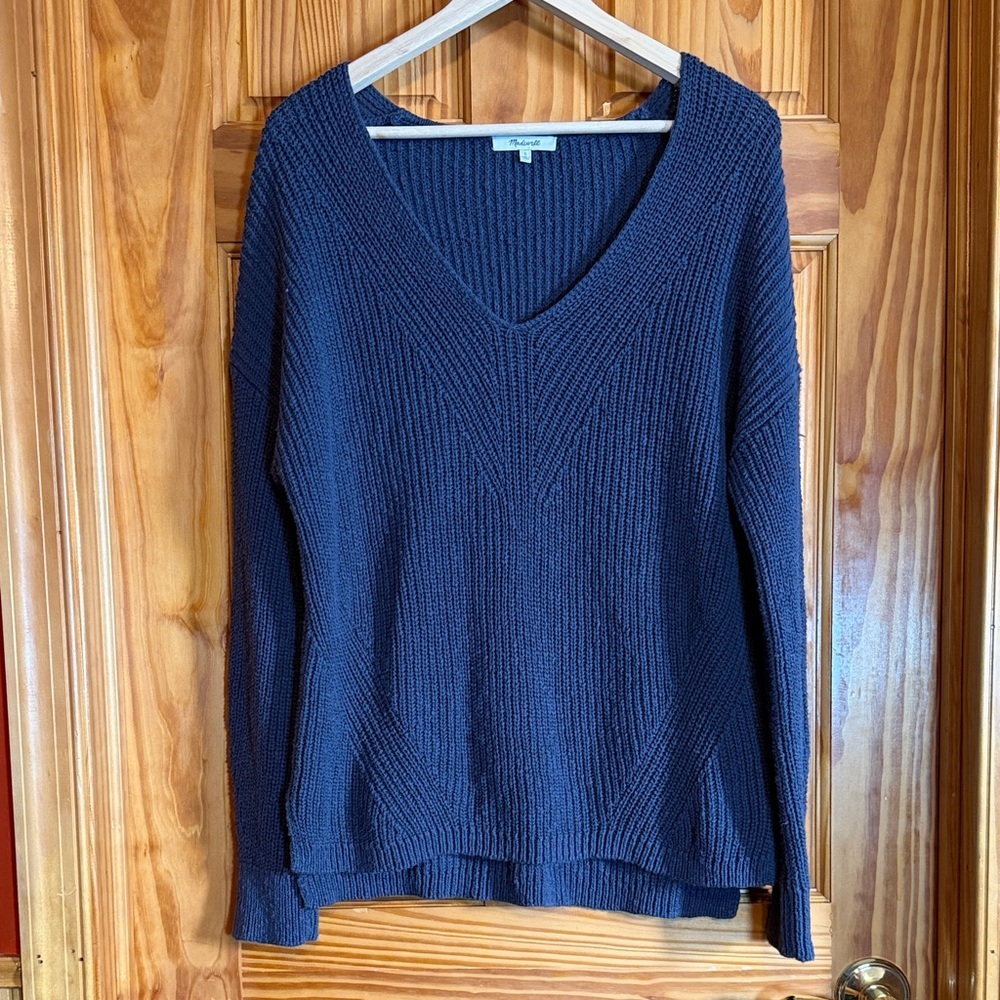 Madewell Ridgeton Navy 100% Cotton V-Neck Pullover Sweater